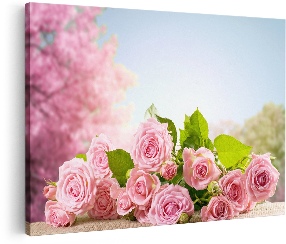Artaza Canvas Schilderij Boeket Roze Rozen Bloemen - 150x100 cm - Groot - Wanddecoratie Woonkamer - Schilderijen - Muurdecoratie