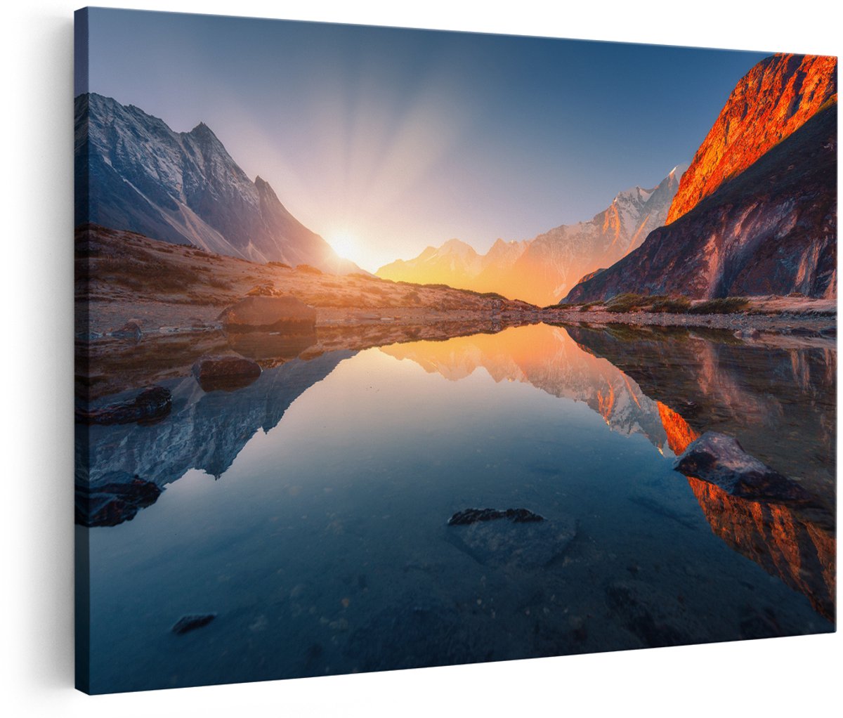 Artaza Canvas Schilderij Bergen Landschap Met Zonsopgang - 150x100 cm - Groot - Wanddecoratie Woonkamer - Schilderijen - Muurdecoratie