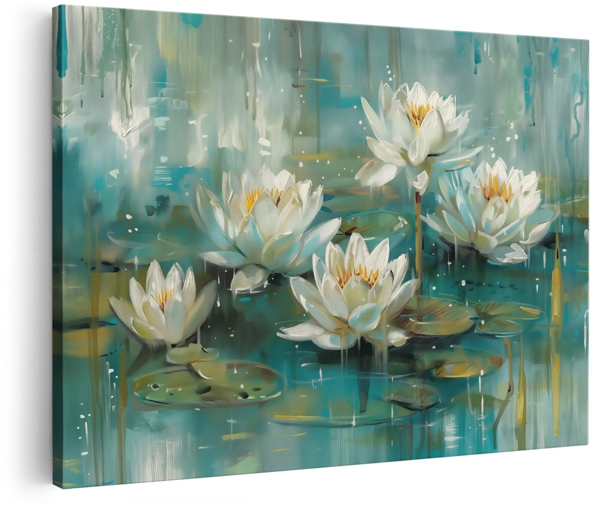 Artaza Canvas Schilderij Witte Waterlelies in het Water - Bloemen - 150x100 cm - Groot - Wanddecoratie Woonkamer - Schilderijen - Muurdecoratie