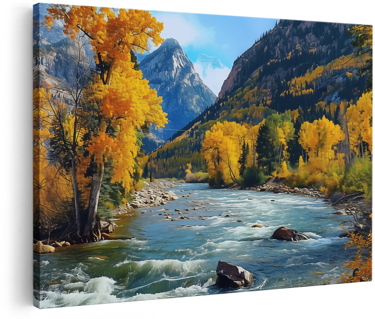 Artaza Canvas Schilderij Rivier in de Bergen - Landschap - 150x100 cm - Groot - Wanddecoratie Woonkamer - Schilderijen - Muurdecoratie