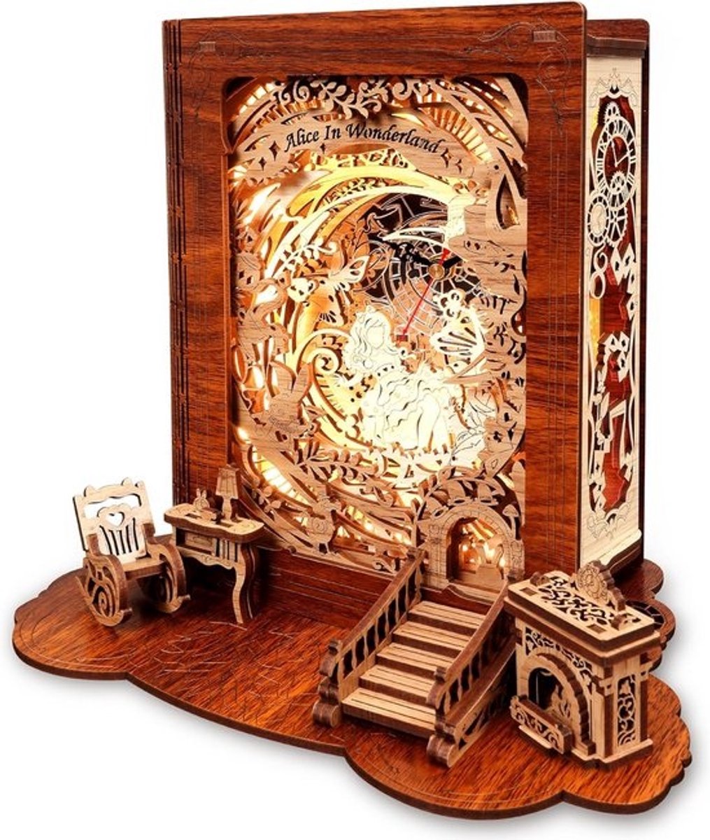 LED 3D puzzel boekenlamp met klok - Alice in Wonderland thema