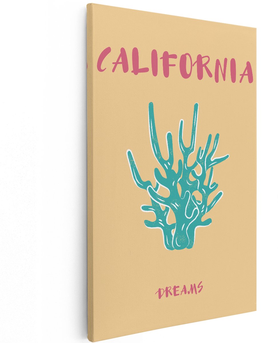 Artaza Canvas Schilderij California Dreams - 120x180 cm - Groot - Boho Wanddecoratie Koraal - Muurdecoratie Retro Tekst - Decoratie Woonkamer Turquoise