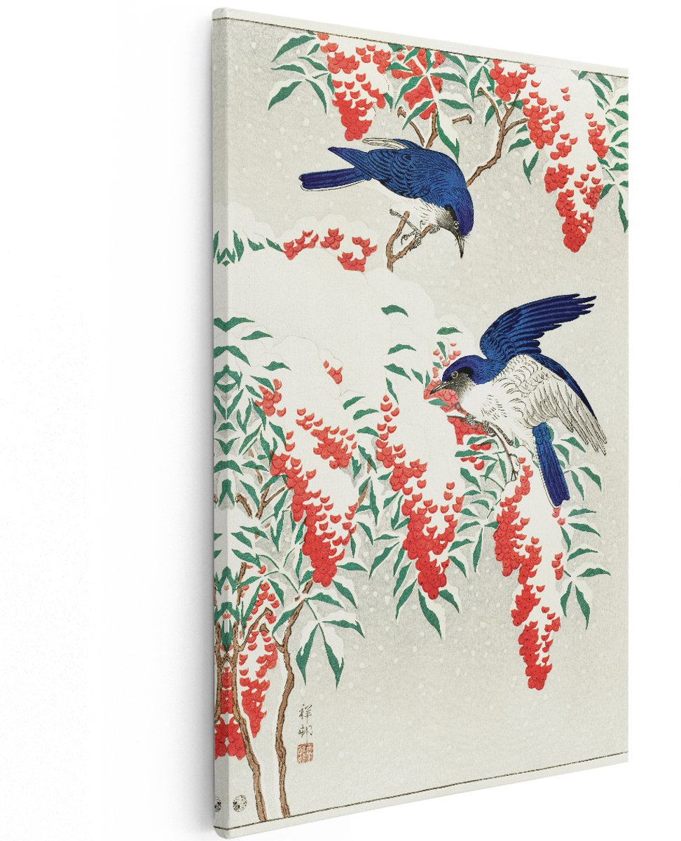 Artaza Canvas Schilderij Vogels - 120x180 cm - Groot - Wanddecoratie Japanse Kunst - Muurdecoratie Vintage - Decoratie Rode Bessen Sneeuw