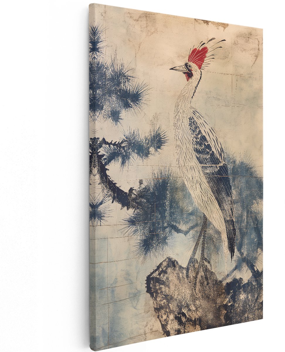 Artaza Canvas Schilderij Kraanvogel - 120x180 cm - Groot - Wanddecoratie Japandi - Muurdecoratie Vogels - Decoratie Vintage Pijnboom