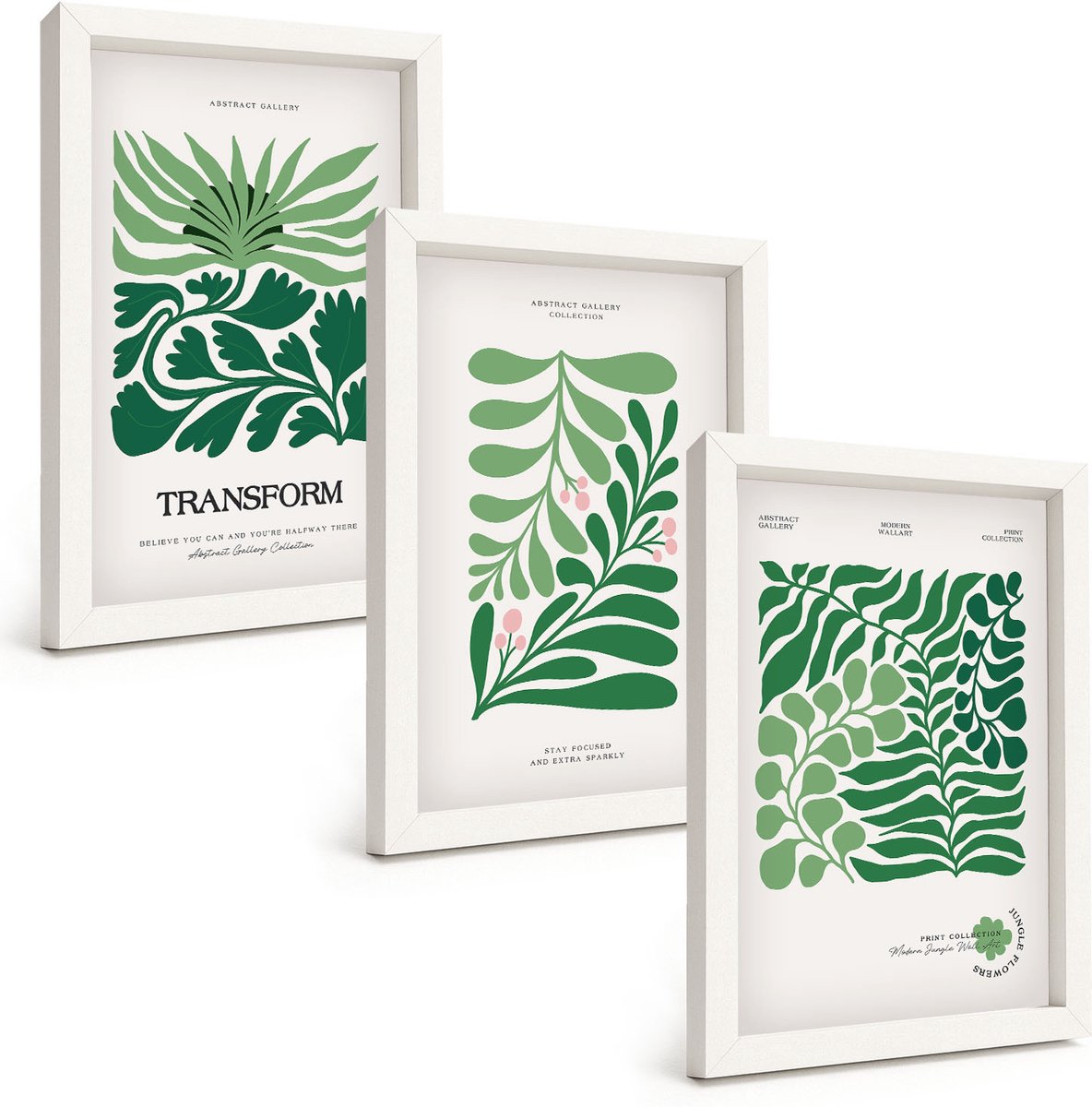 Wallfluent 3-Delige Schilderij Set - Set Van Groene Bladeren En Planten In Verschillende Vormen. - 20 x 30 - Muurdecoratie - Decoratieve Schilderijen - Wohnzimmer - Moderne Wanddecoratie