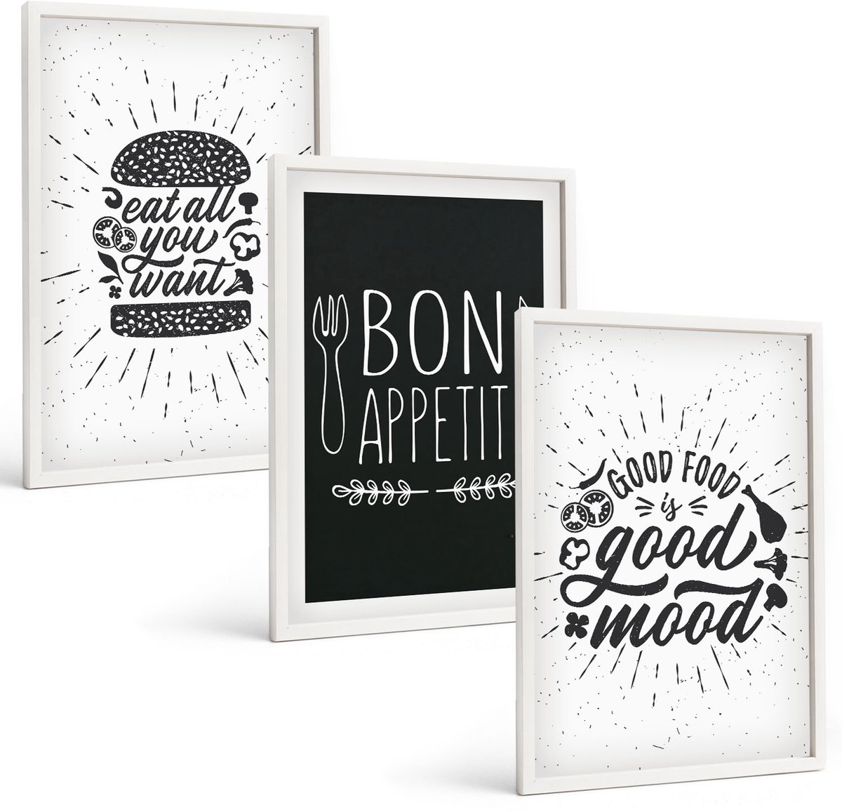 Wallfluent 3-Delige Schilderij Set - Voedselafbeeldingen En Culinaire Slogans - 40 x 60 - Wanddecoratie - Schilderijen Set - Interieur - Woonkamer Decoratie