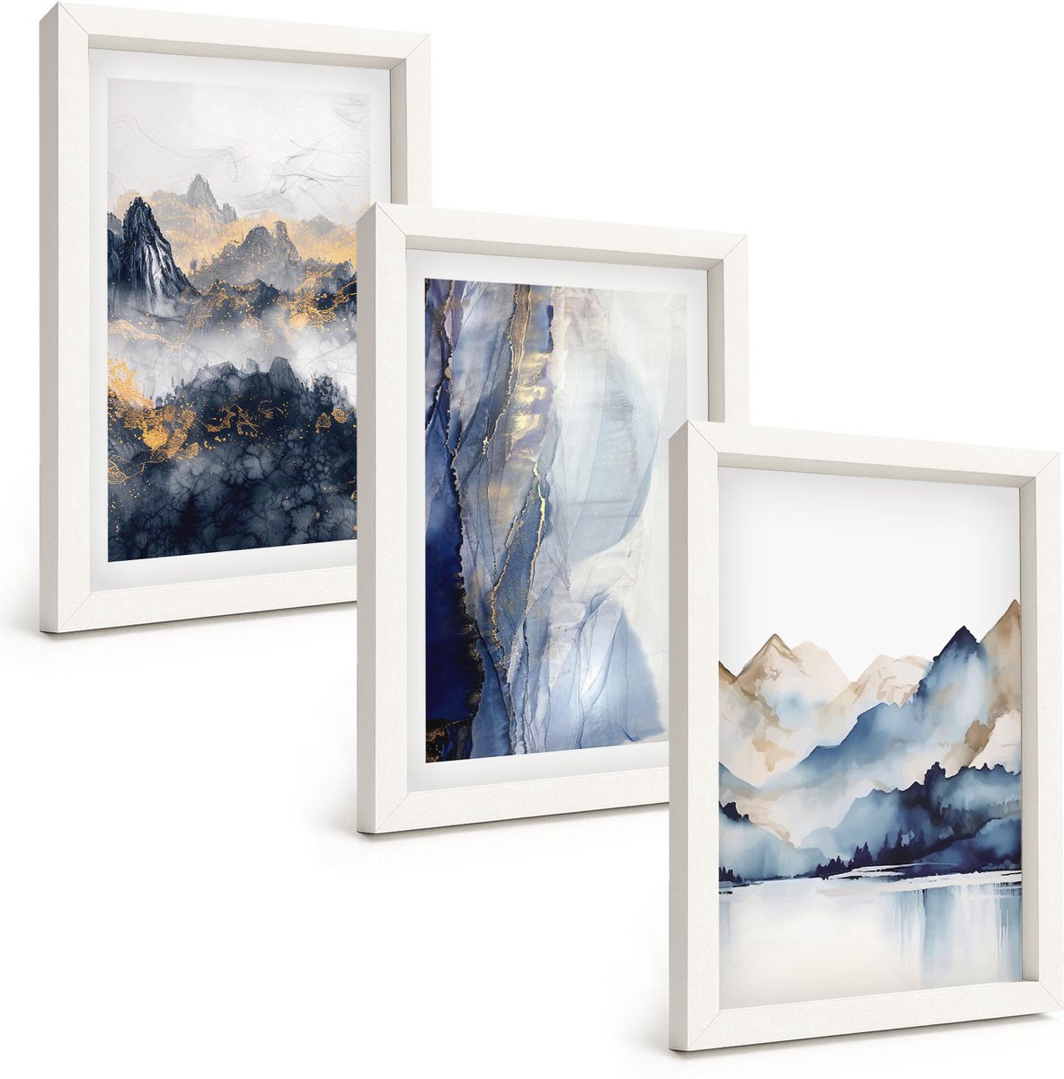 Wallfluent 3-Delige Schilderij Set - Berglandschappen Met Blauwe En Grijze Tinten - 20 x 30 - Wanddecoratie - Moderne Interieurdecoratie - Muurdecoratie
