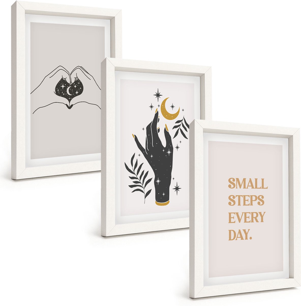 Wallfluent 3-Delige Schilderij Set - Minimalistische Illustraties Die Boho-Tekst Inspireren - 20 x 30 - Wanddecoratie - Schilderijen Set - Interieur