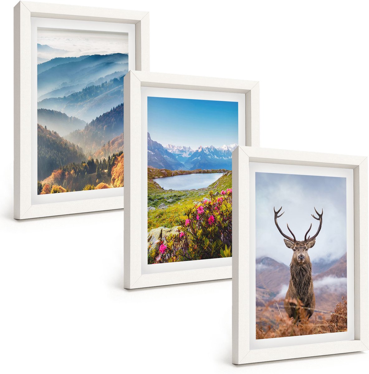 Wallfluent 3-Delige Schilderij Set - Berglandschappen Met Meer En Herten In De Natuur - 20 x 30 - Stijlvolle Muurdecoratie - Slaapkamer - Interieur Decoratie