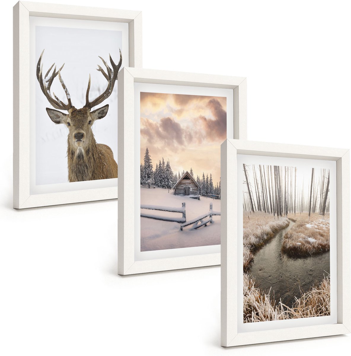 Wallfluent 3-Delige Schilderij Set - Winterlandschap Met Hertenhut En Beekje - 20 x 30 - Muurdecoratie - Decoratieve Schilderijen - Wohnzimmer