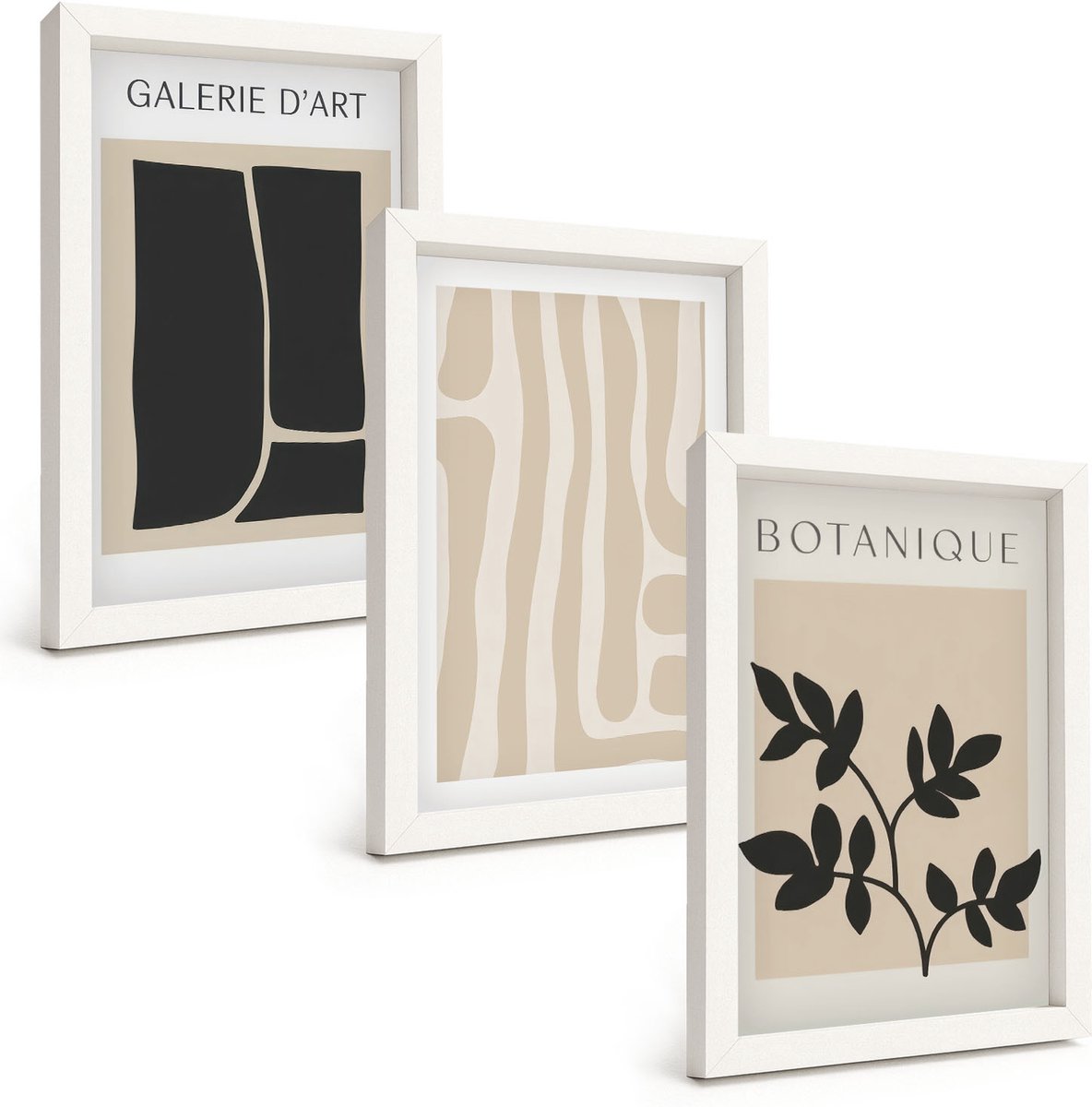 Wallfluent 3-Delige Schilderij Set - Abstracte Vormen En Plantmotieven In Neutrale Tinten. - 20 x 30 - Muurdecoratie - Wanddecoratie - Hal - Woonkamer Decoratie