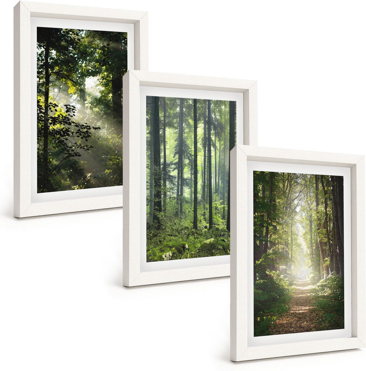 Wallfluent 3-Delige Schilderij Set - Groene Bossen Met Zonnestralen En Een Bospad - 20 x 30 - Muurdecoratie - Interieur Decoratie