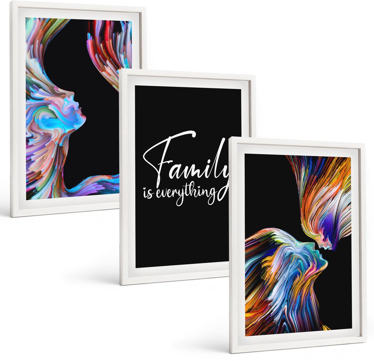 Wallfluent 3-Delige Schilderij Set - Portretten Van Mensen In Kleurrijke Patronen En Een Opschrift Over Familie. - 40 x 60 - Wanddecoratie - Woonkamer Decoratie - Muurdecoratie