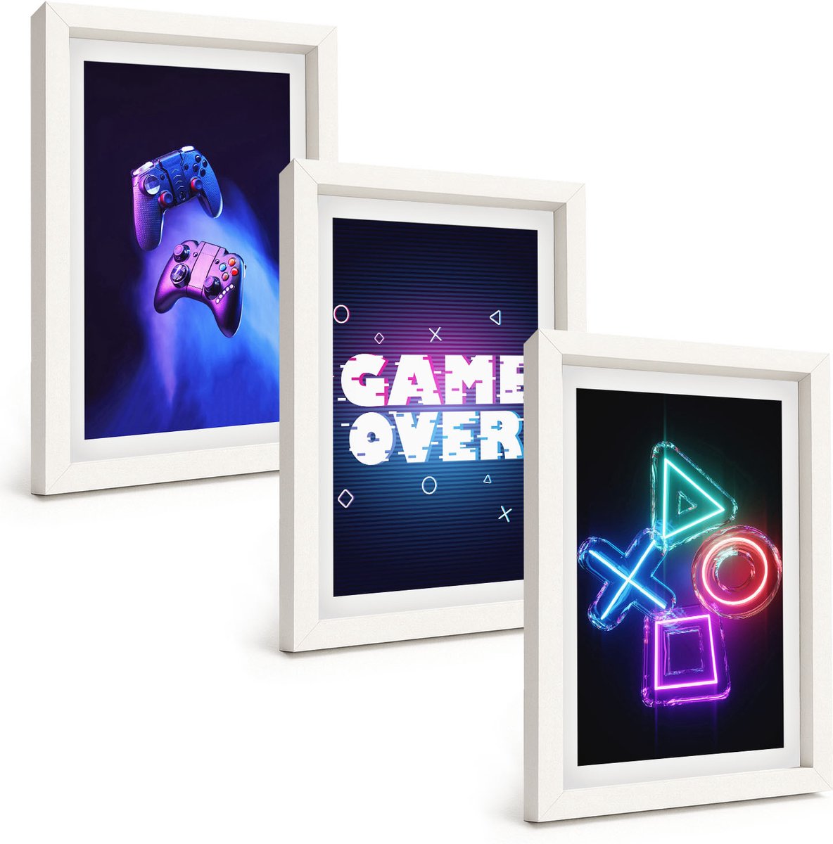 Wallfluent 3-Delige Schilderij Set - Gamepads Game Over-Inscriptiepictogrammen - 20 x 30 - Wanddecoratie - Muurdecoratie - Woonkamer