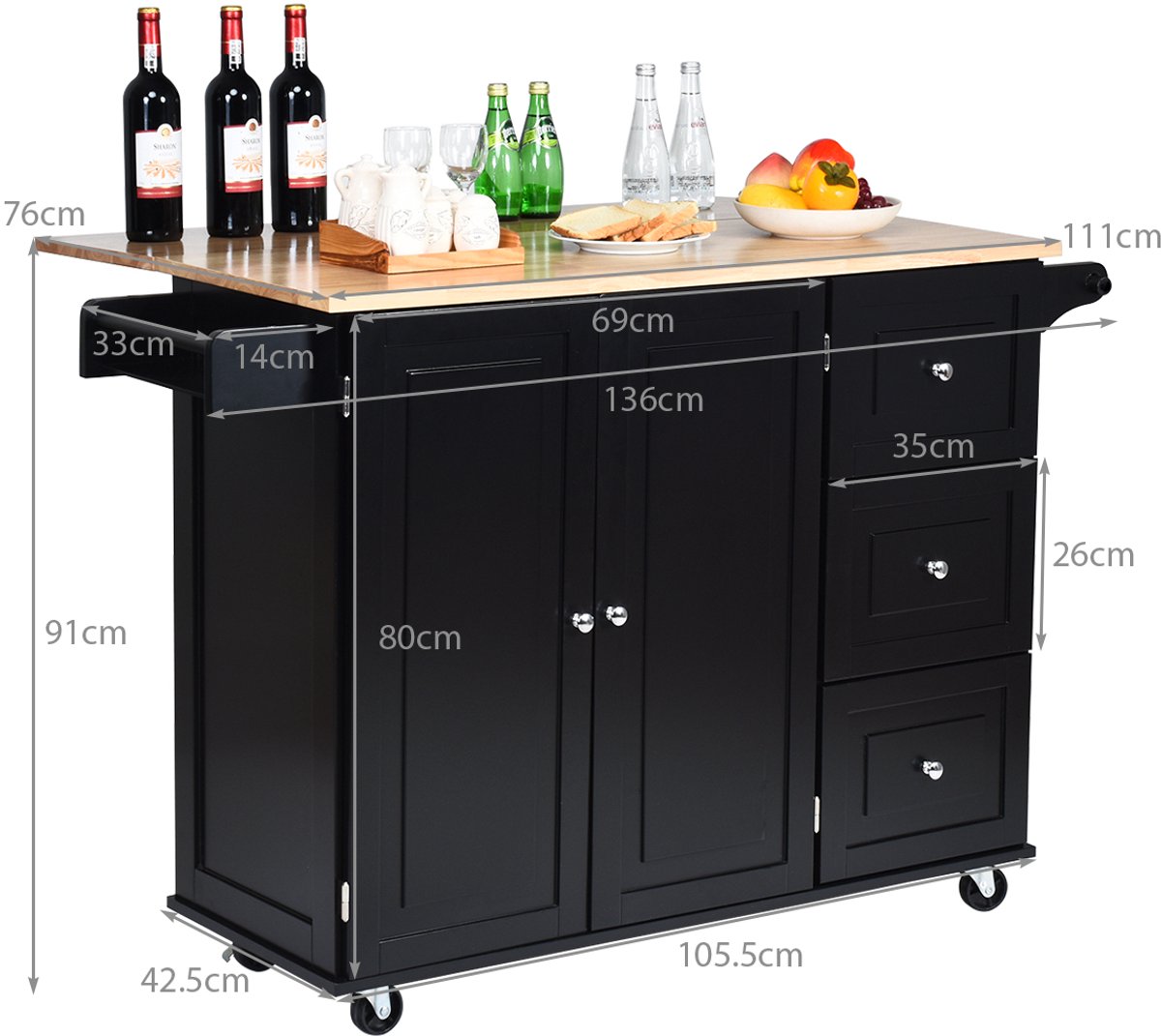 SureDeal® - Keukentrolley - Mobiele Keukenwagen - Opklapbaar Werkblad Kookeiland - 136x76x91 cm - Zwart