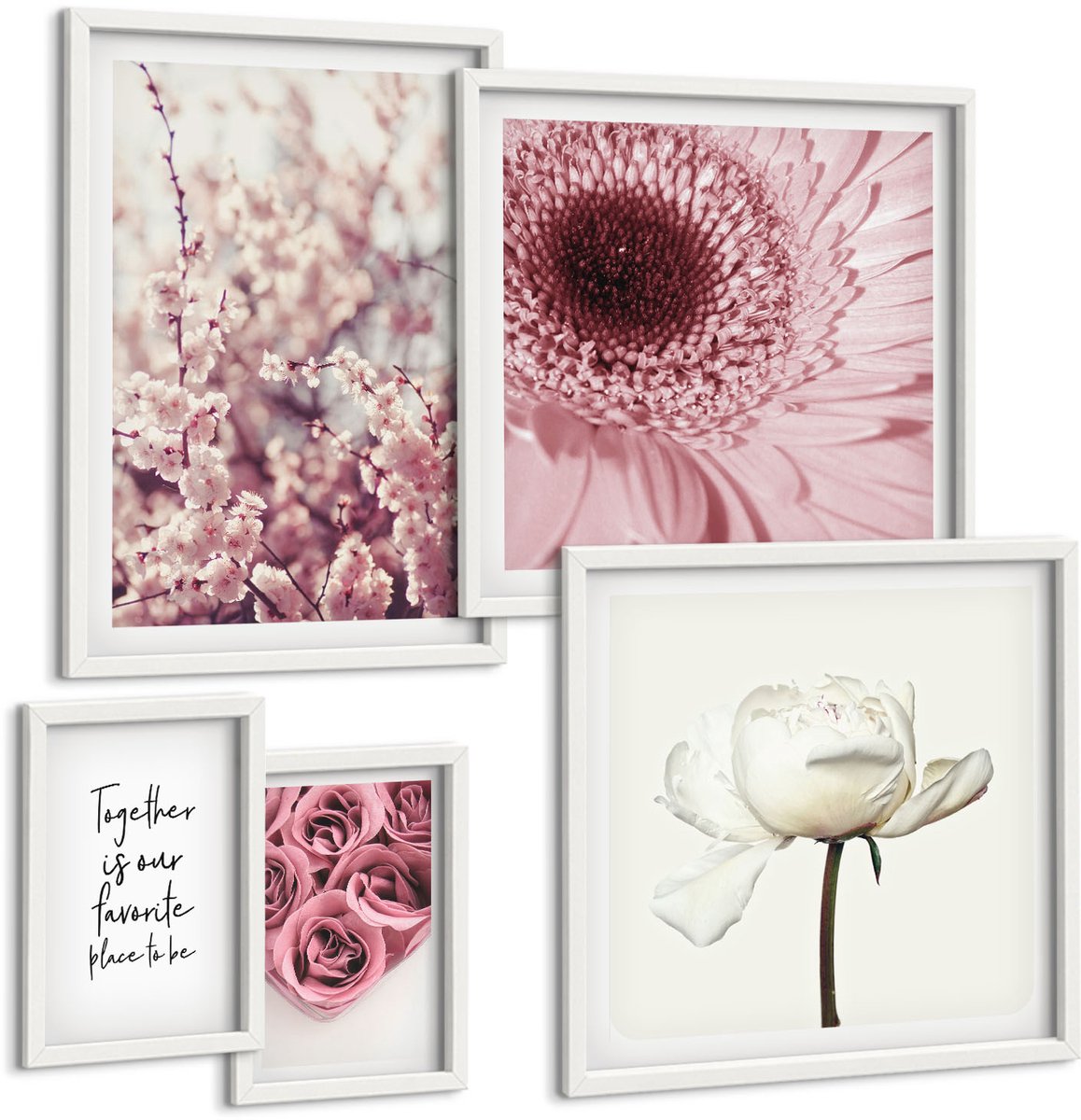 Wallfluent 5-Delige Schilderij Set - Bloemeninspiratie Voor Romantische Interieuraccenten - 50 x 50 cm, 20 x 30 cm En 40 x 60 cm - Wanddecoratie - Moderne Interieurdecoratie - Moderne Wanddecoratie