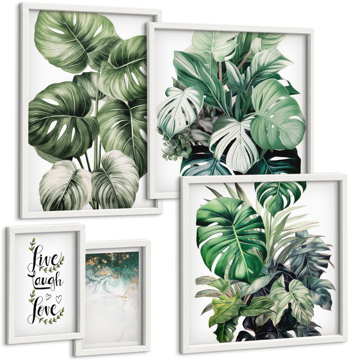 Wallfluent 5-Delige Schilderij Set - Plantenmotieven Met Inspirerende Citaten En Abstracte Kunst - 50 x 50 cm, 20 x 30 cm En 40 x 60 cm - Decoratieve Muurdecoratie - Slaapkamer