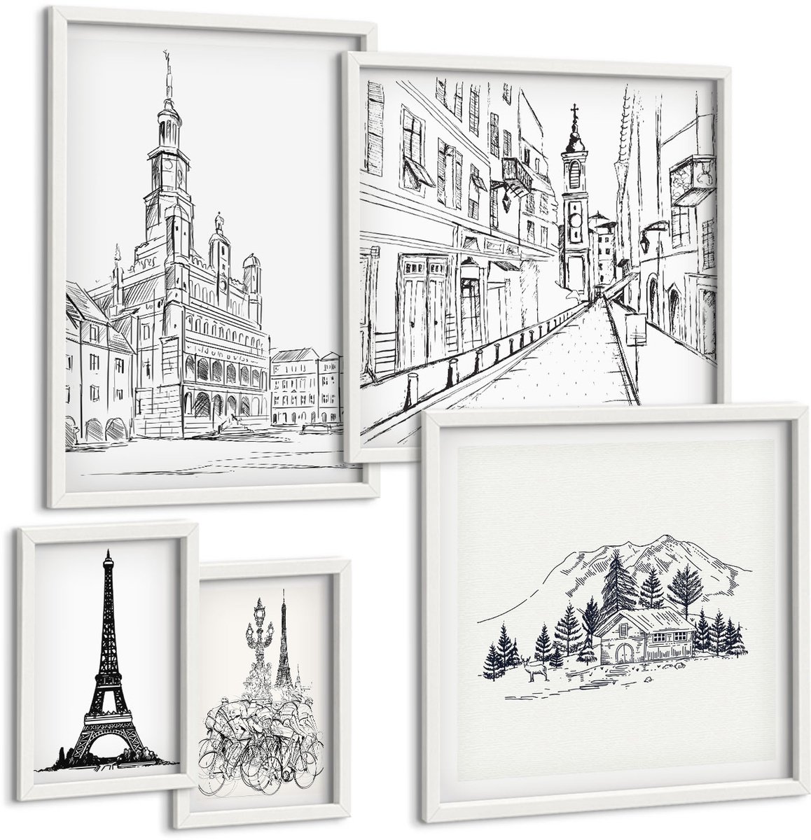 Wallfluent 5-Delige Schilderij Set - Stijlvolle Illustraties Van Architectuur En Stedelijke Landschappen - 50 x 50 cm, 20 x 30 cm En 40 x 60 cm - Wanddecoratie - Muurdecoratie - Woonkamer