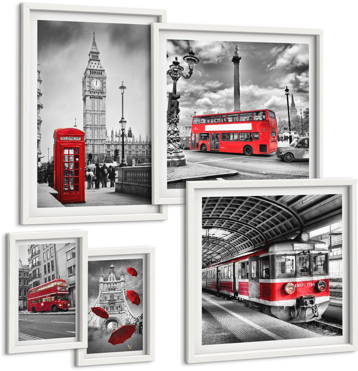 Wallfluent 5-Delige Schilderij Set - Londense Motieven Met Rode Accenten En Architectuur - 50 x 50 cm, 20 x 30 cm En 40 x 60 cm - Moderne Wanddecoratie - Woonkamer - Interieur Decoratie