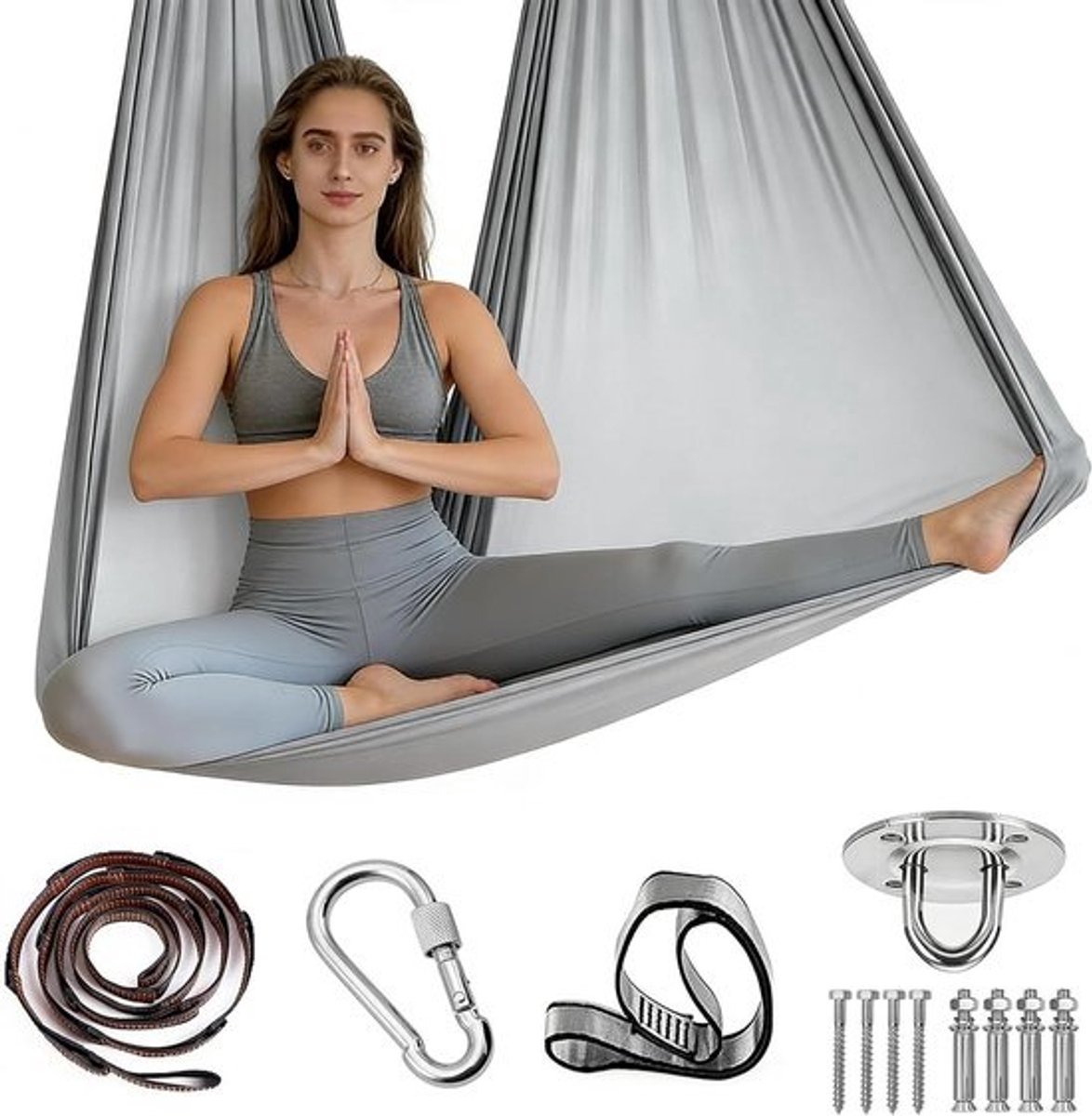 Yoga Hangmat - Schommelstoel Nestschommel - Ontspanning en Fitness - Complete Set - 280 x 150 cm - Grijs