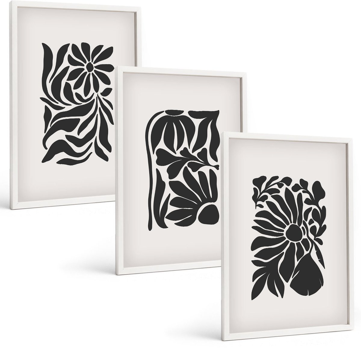 Wallfluent 3-Delige Schilderij Set - Abstracte Plantpatronen In Zwarttinten - 40 x 60 - Decoratieve Muurdecoratie - Slaapkamer - Woonkamer Decoratie