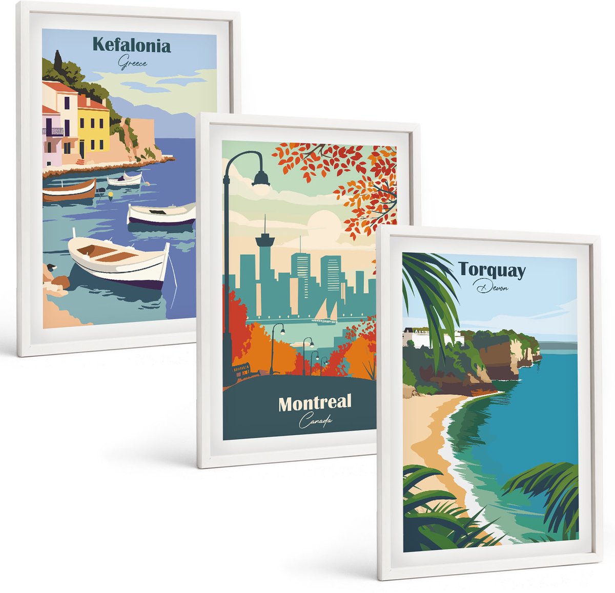 Wallfluent 3-Delige Schilderij Set - Stadsgezichten En Landschappen Uit Griekenland, Canada En Australië - 40 x 60 - Stijlvolle Muurdecoratie - Slaapkamer - Decoratieve Schilderijen