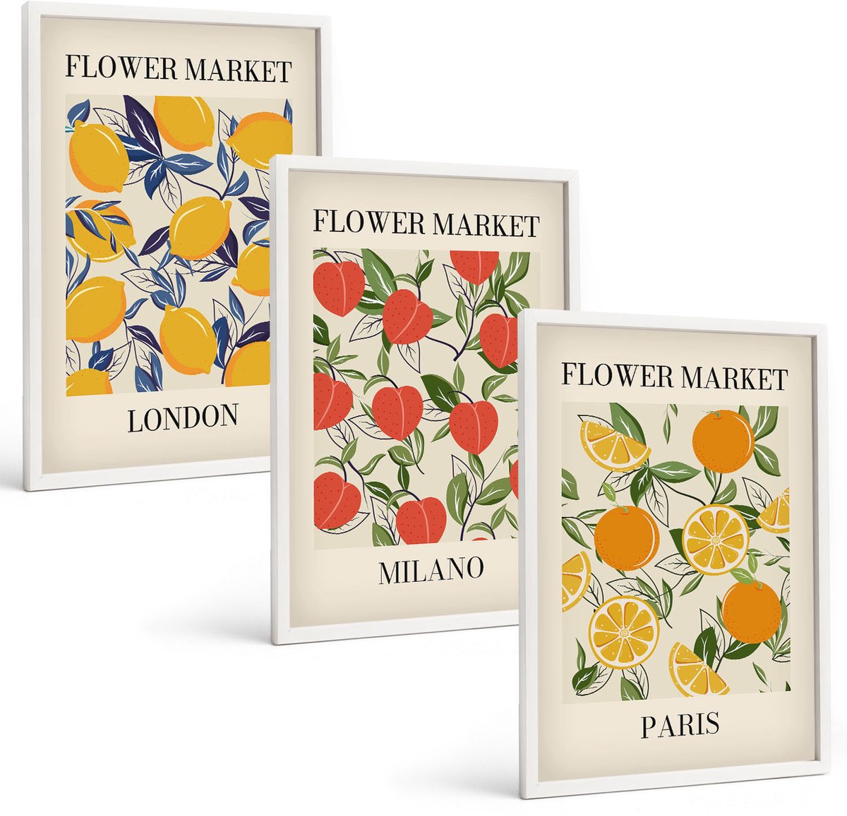 Wallfluent 3-Delige Schilderij Set - Bloemenposters In Londen, Milaan En Parijs - 40 x 60 - Muurdecoratie - Schilderijen Set - Woonkamer - Stijlvolle Muurdecoratie