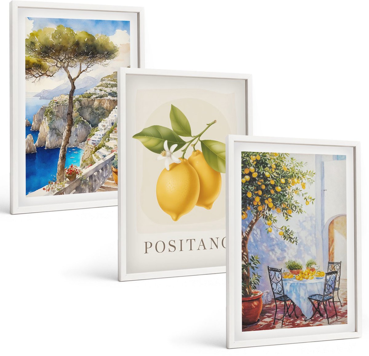 Wallfluent 3-Delige Schilderij Set - Uitzicht Op Positano Met Bomen En Citroenen In De Zon. - 40 x 60 - Schilderijen Set - Wanddecoratie - Woonkamer - Woonkamer Decoratie