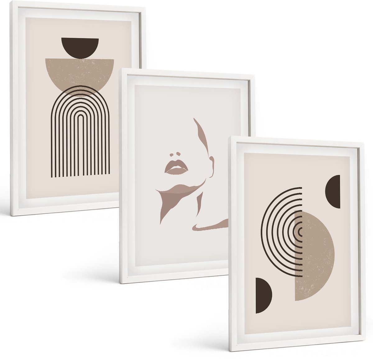 Wallfluent 3-Delige Schilderij Set - Abstracte Geometrische Vormen En Gezichtssilhouet - 40 x 60 - Moderne Wanddecoratie - Slaapkamer - Interieur Decoratie