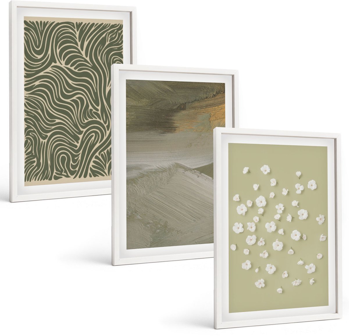 Wallfluent 3-Delige Schilderij Set - Golvende En Abstracte Patronen Met Boho-Bloemen - 40 x 60 - Muurdecoratie - Schilderijen Set - Woonkamer - Stijlvolle Muurdecoratie