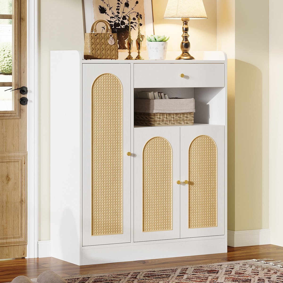 DESMIU Schoenenkast - Met 1 Lade En 3 Deuren Met Verstelbare Planken - Voor Hal En Eetkamer - MDF En Spaanplaat - 90x35x110 Cm - Wit Naturel