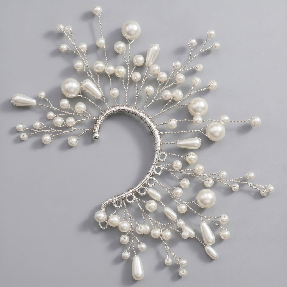 Elfen Oor Cuff, Handgemaakte Bloem Blad Oorversiering, Zonder piercing oorhaak voor bruiloft en fotoshoot，Zilveren delicate parel-oorbelhaakjes