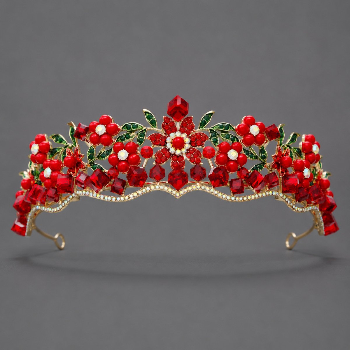 Retro Bloemen Tiara, Luxueuze Strass‑Kroon, Haaraccessoire voor Bruiloft, Verjaardag en Gala，Gouden veelzijdige kroon met rode kristal TS-J3262GRED