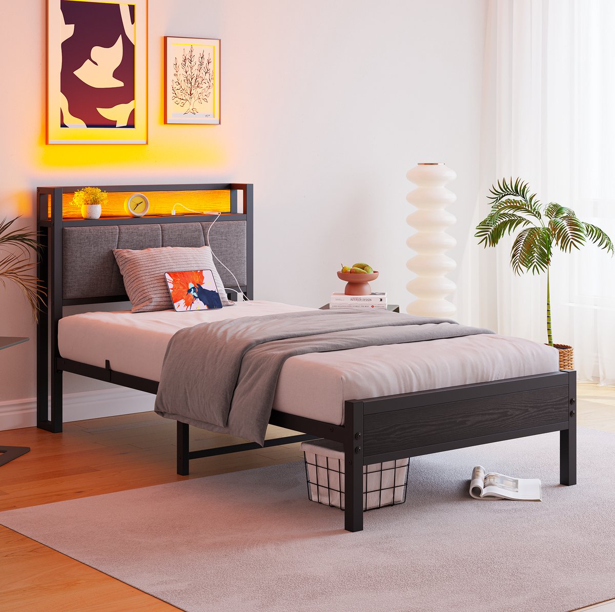 MODENUIT Bedframe – Met LED Verlichting En USB Oplaadstation – 90 x 200 cm – MDF En Metaal – Zwart – Met Opbergruimte