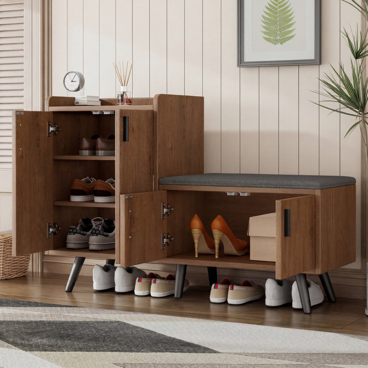 DESMIU Schoenenkast - Modern Houtlook Met 4 Deuren En Zitkussen - Voor Hal En Entree - Spaanplaat En Metaal - 120x34x82.8 Cm - Natur