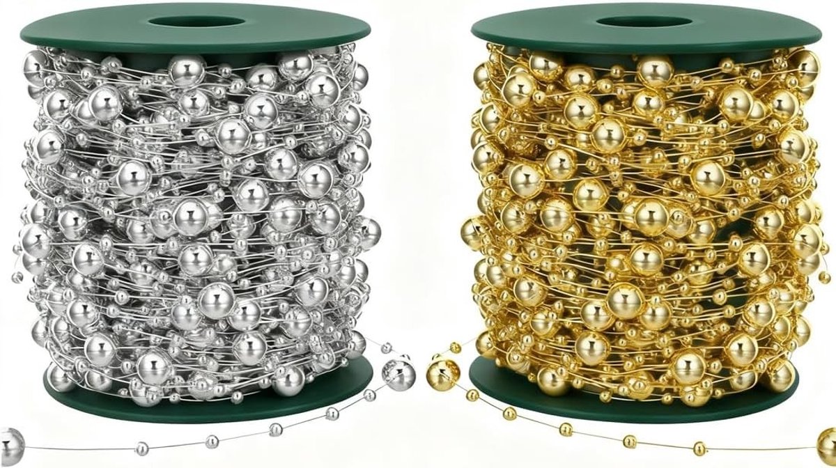 Decoratieve Kerst Bead Garlands van 8 Meter, Parelsnoer voor Kerstboom, Bruiloft en Feestjes met Vloeiende Kaarsen en Pareltjes