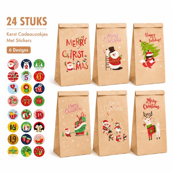 24 bruine kraft papieren kerstzakjes in 6 ontwerpen, met stickers. Afbeeldingen van kerstman, sneeuwpop, vosje, rendier, slee en kerstmannen met pinguïns. Ook een vel met 24 genummerde kerststickers.