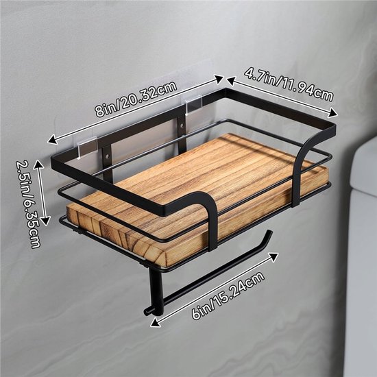 Zwarte wandrek met houten plank en toiletrolhouder. Afmetingen: 20,32x11,94x6,35 cm. Rolhouder: 15,24 cm.