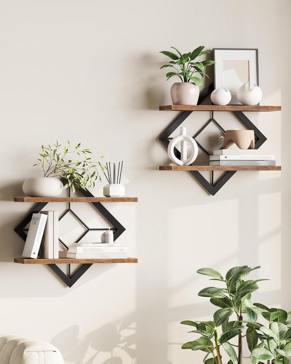 Set van 2 Drijvende Planken in Diamantvorm, Wandplank voor Decoratie en Opslag, Landelijke Stijl