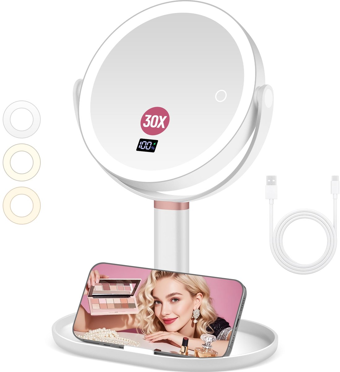 Vergrotende Make-up Spiegel - Met Verlichting en 30x Vergroting - Driekleurig Licht, Helderheid en Hoogte Instelbaar - Wit, Ø 20 cm