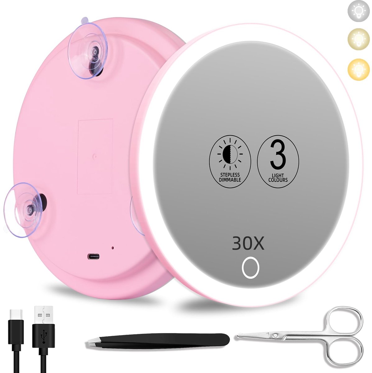 Vergrotingsspiegel - 30x Vergroting - Dimbare Verlichting in 3 Kleuren - Met 3 Zuignappen - Voor Make-up en Reizen - Ø 15 cm - Inclusief Pincet en Schaar
