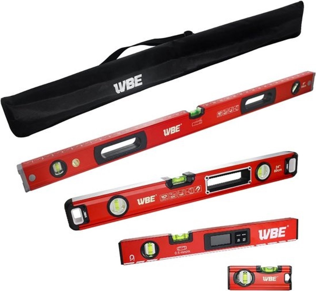 4-delige Waterpas Set met Digitaal Niveau en LCD Display - Aluminium Waterpassen
