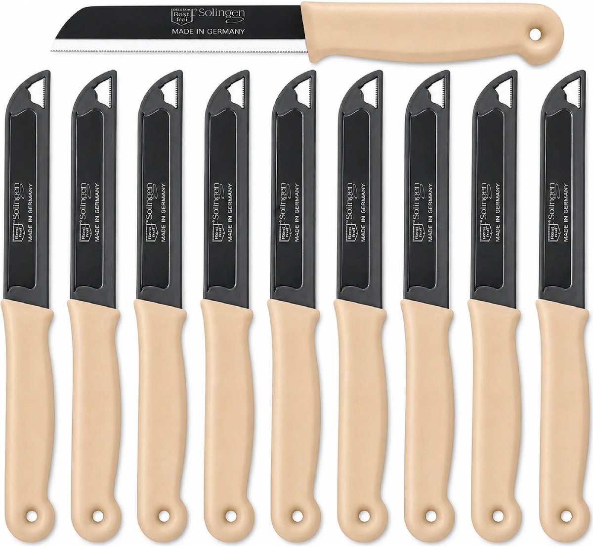 Solingen Kartelmes – Tomatenmes met Kartel – RVS – 18,5 cm met Blade Cover – Pastelbeige – 10 stuks