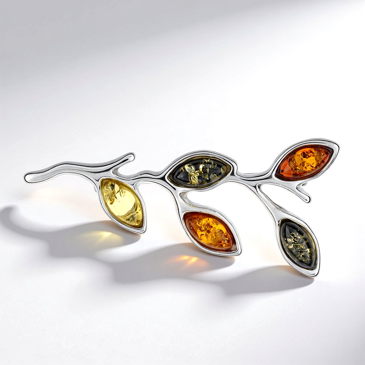 Cavill - Zilveren Broche met Cognac, Groen en Limoen Baltische Barnsteen - 925 Sterling Zilver - Marquise Cabochon - 1,35 ct