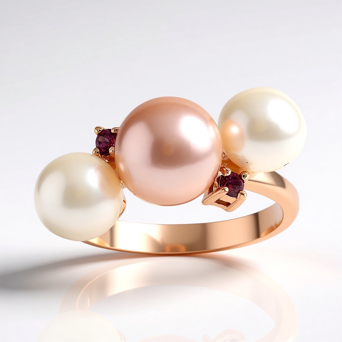 Cavill - 925 Sterling Zilver Ring - Roségoud Verguld - Paarse Ming Parel 8mm - Japanse Akoya Parels - Braziliaanse Rhodoliet 0,086ct - Elegant