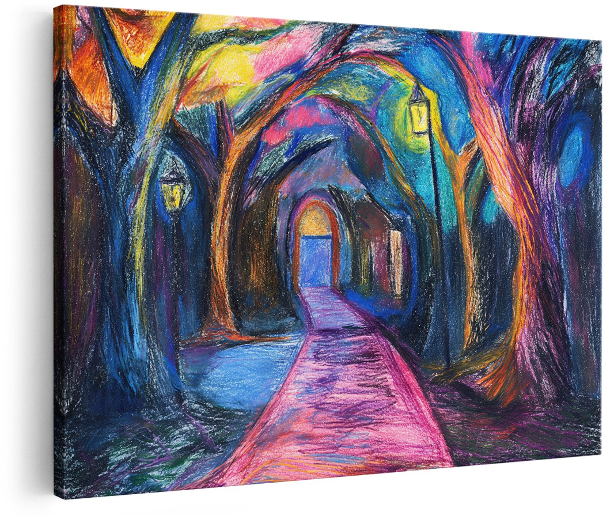 Artaza Canvas Schilderij Abstract Bos - 150x100 cm - Groot - Wanddecoratie Kleurrijk Landschap - Muurdecoratie Bospad - Decoratie Lantaarns