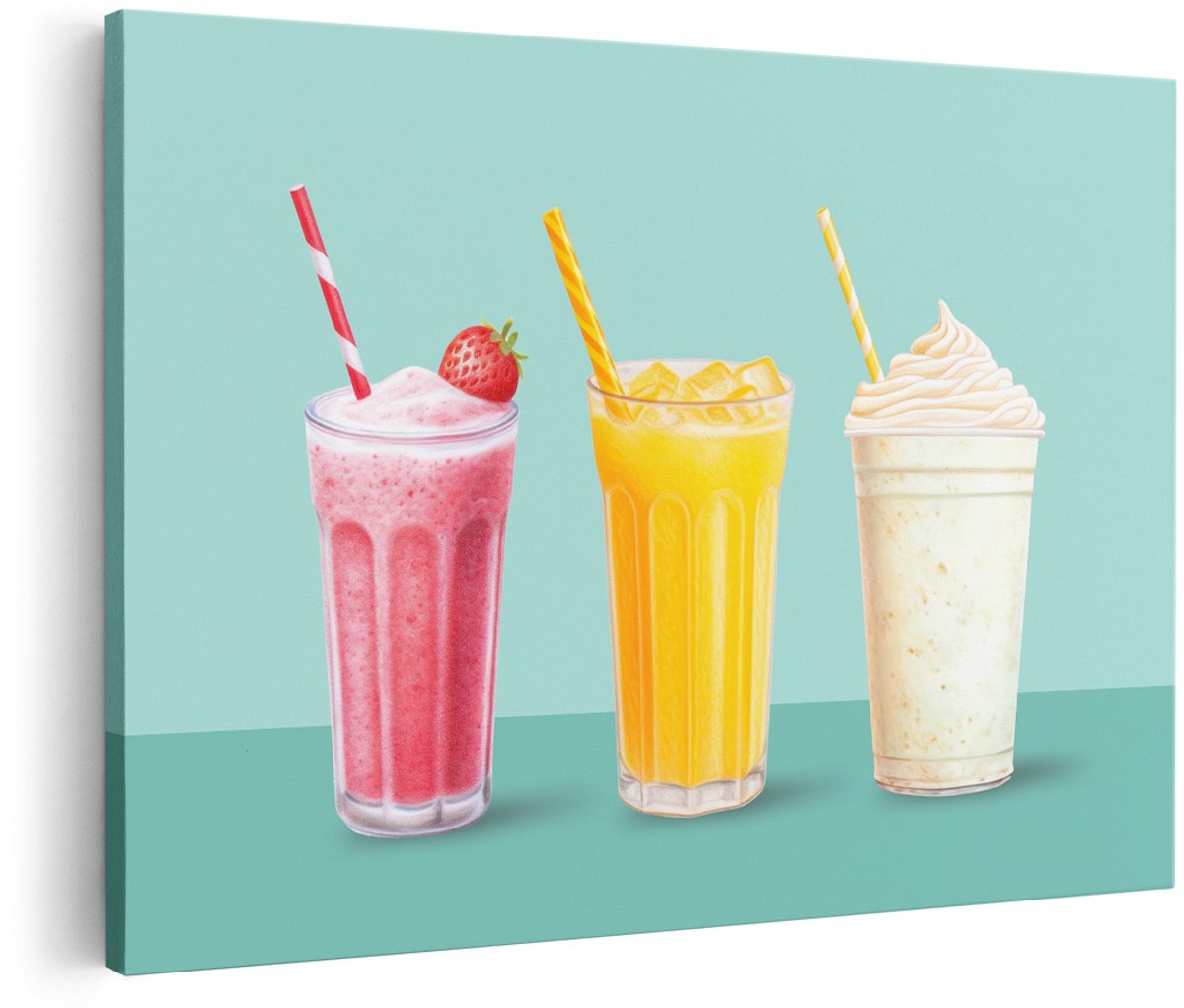 Artaza Canvas Schilderij Milkshake - 150x100 cm - Groot - Wanddecoratie Aardbei Smoothie - Muurdecoratie Keuken - Decoratie Sap Drankjes
