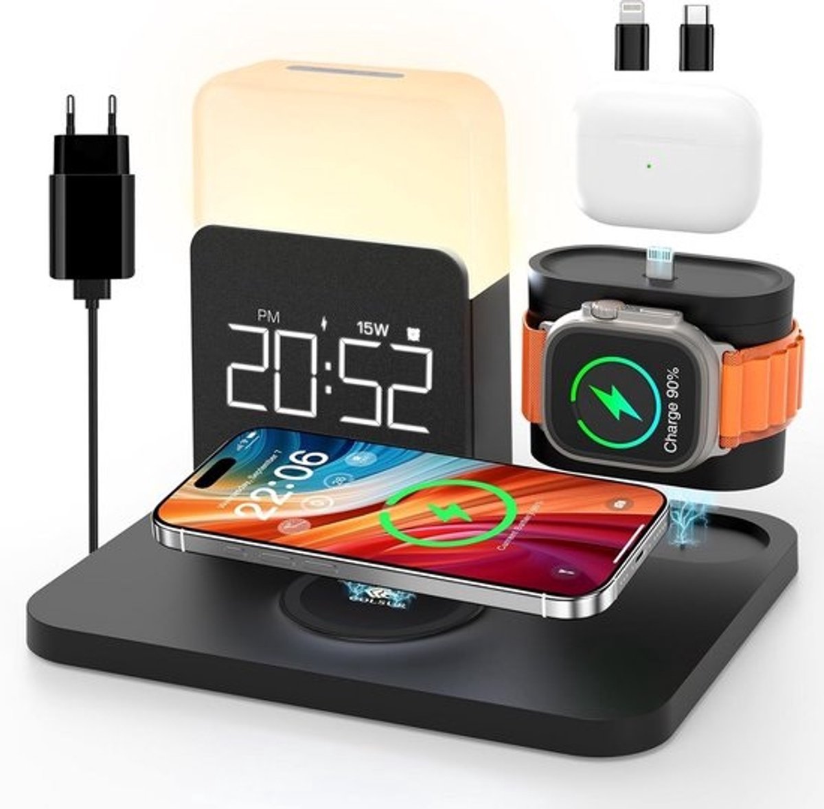 3-in-1 Draadloze Oplader met Touch Bedlamp en Digitale Wekker - Oplaadstation voor Telefoon en Smartwatch