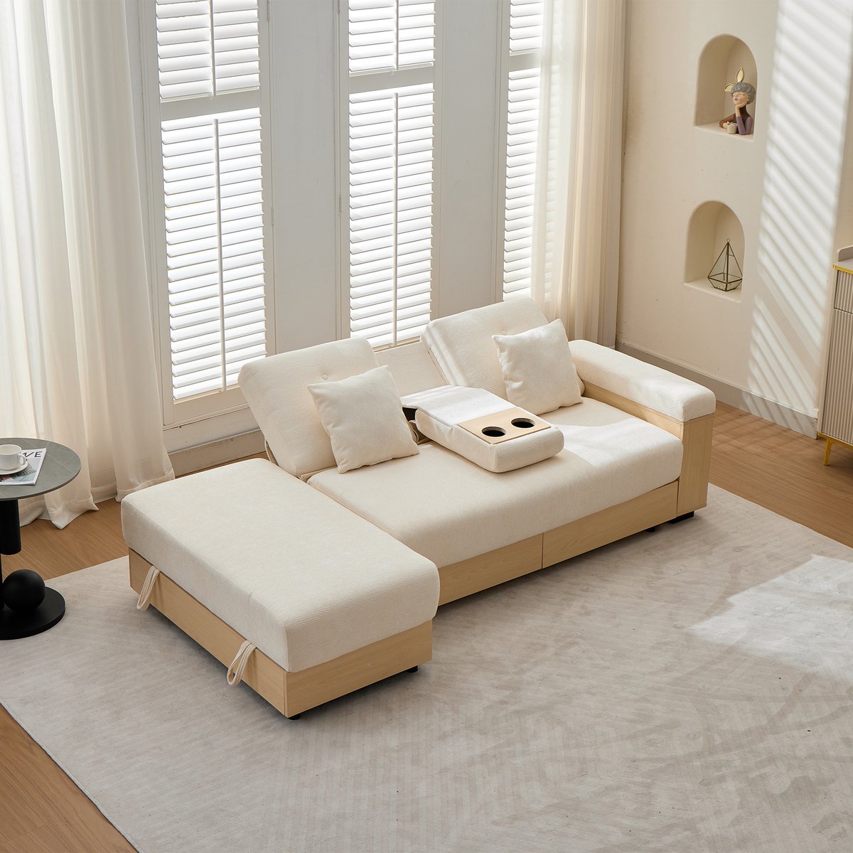 MODENUIT Hoekbank 217 cm - Verstelbare Rugleuning En Opbergruimte Met Slaapfunctie - Woonkamer - Chenille - Beige