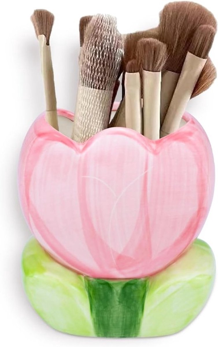 Keramische Borstelhouder - Make-up Organizer - Aanrecht Decoratie - Tulpen Bloem Ontwerp - 8x10x12.2 cm - Roze